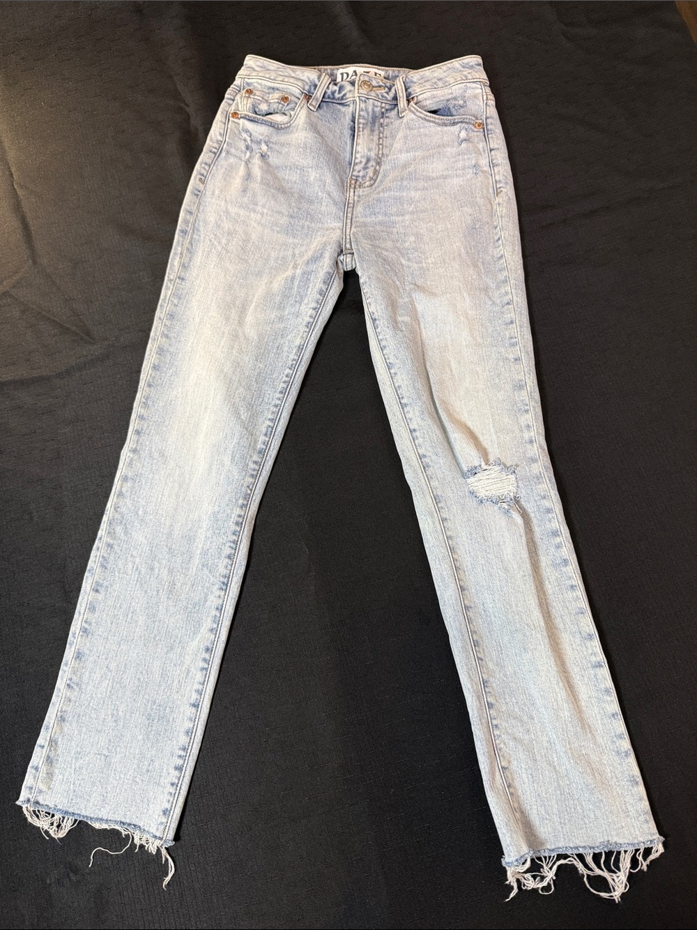 Daze Light Blue Straight Leg Women’s Jeans with Distressed Knee - Size 25